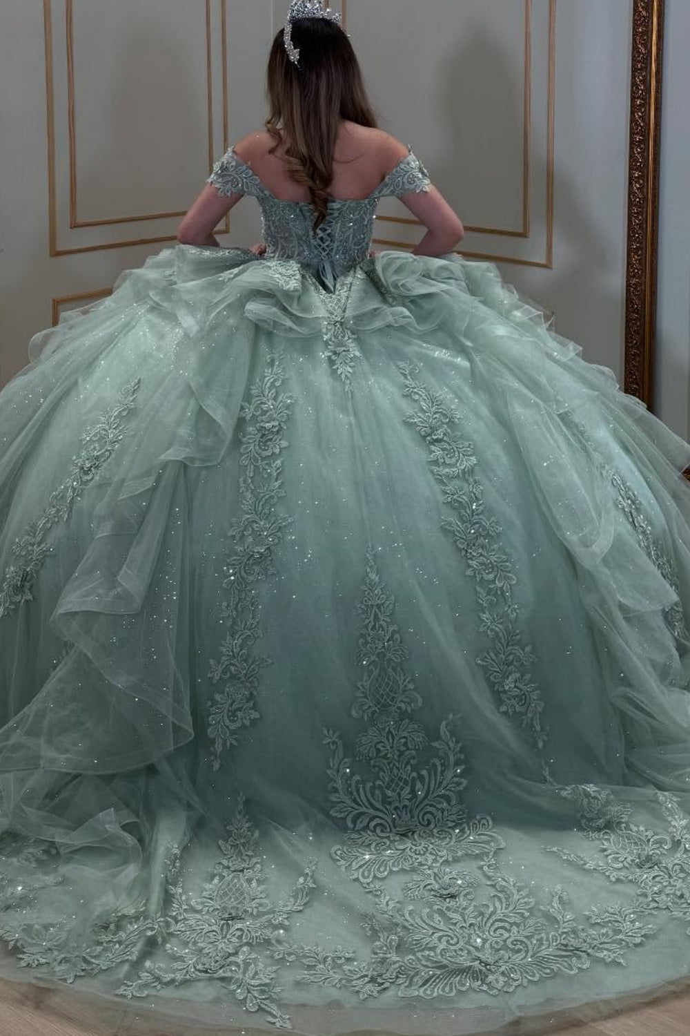 Off Shoulder Sleeveless Appliques Ruffles Sage Green Quinceañera Dress YQ1045