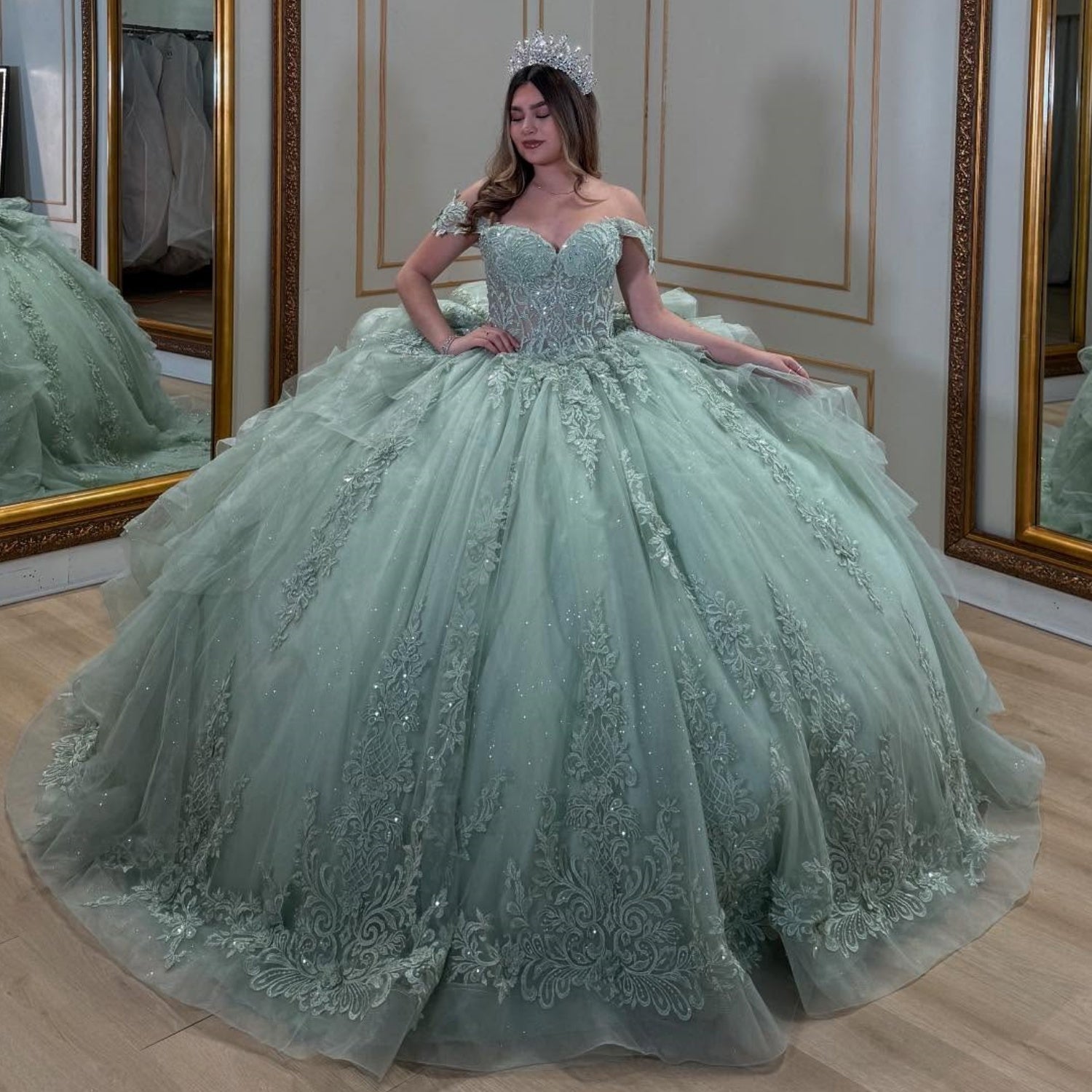 Off Shoulder Sleeveless Appliques Ruffles Sage Green Quinceañera Dress YQ1045