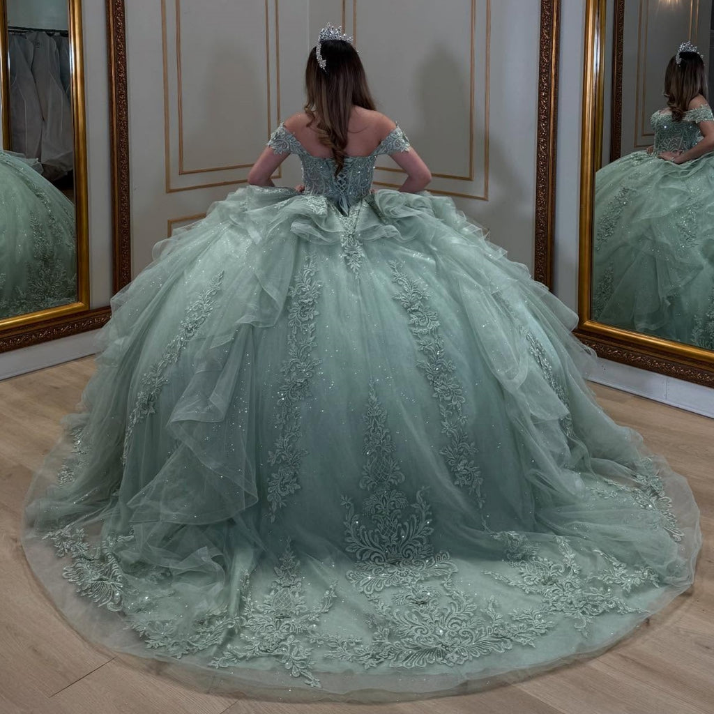 Off Shoulder Sleeveless Appliques Ruffles Sage Green Quinceañera Dress YQ1045