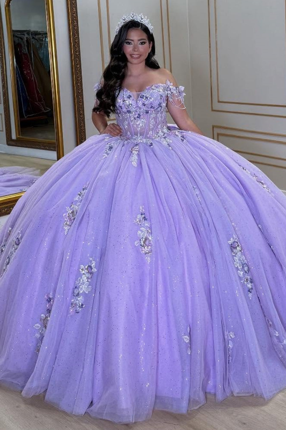 Vestido de quinceañera YQ1046 sin hombros, sin mangas, con lentejuelas, cuentas y lazo