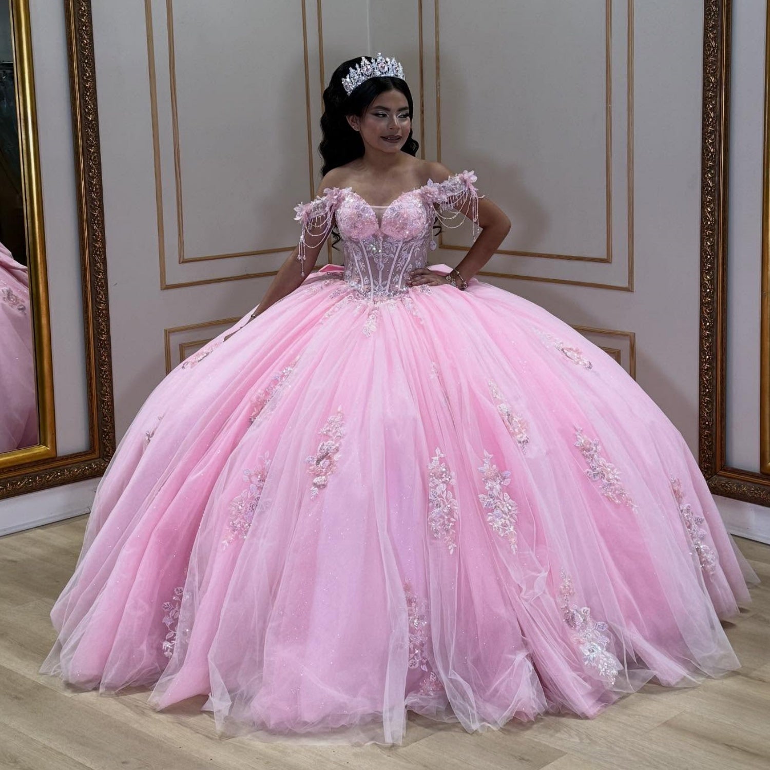 Off Shoulder Sleeveless Sequins Beaded Bow Knot Sweet 15 Quinceañera Dress YQ1046