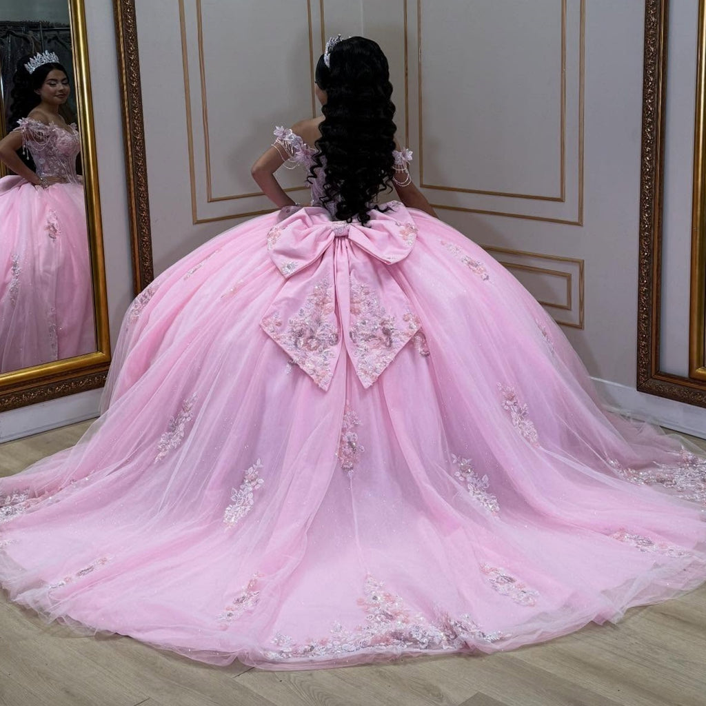 Off Shoulder Sleeveless Sequins Beaded Bow Knot Sweet 15 Quinceañera Dress YQ1046