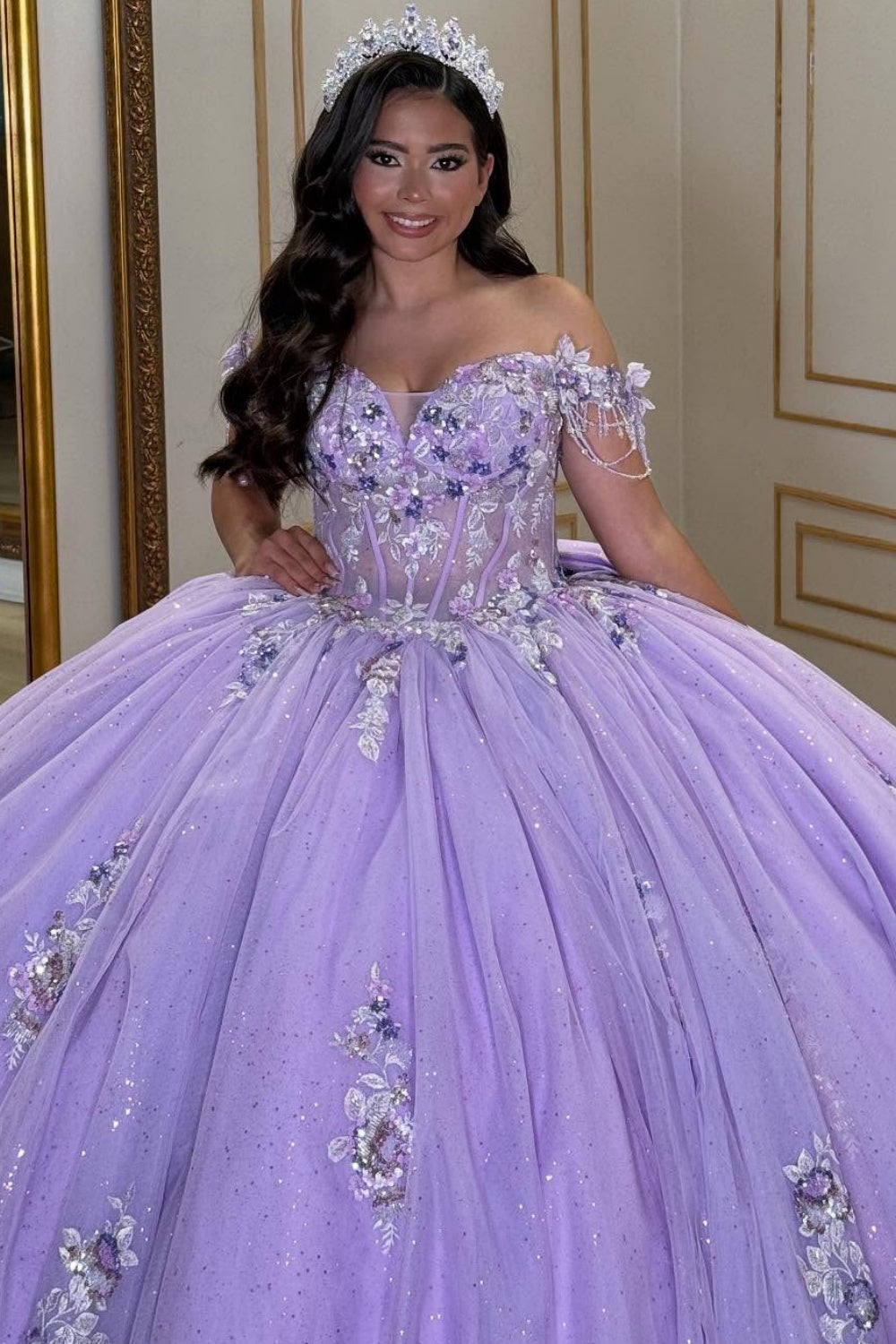 Off Shoulder Sleeveless Sequins Beaded Bow Knot Sweet 15 Quinceañera Dress YQ1046