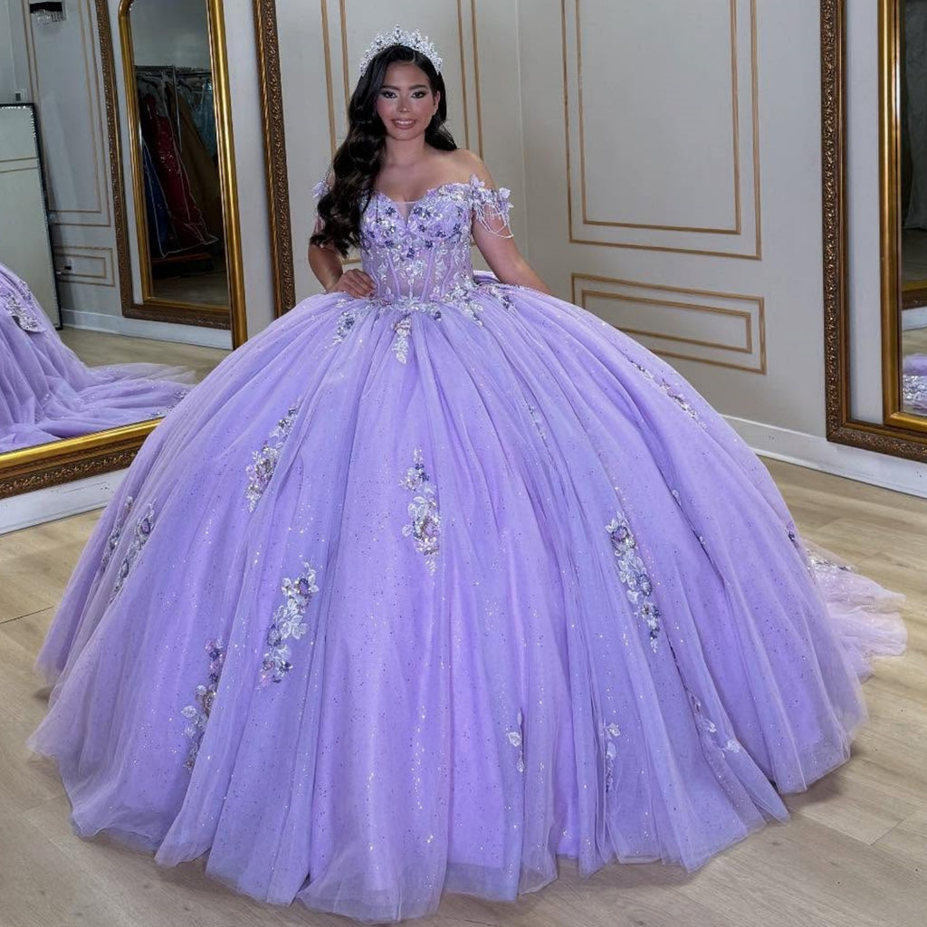 Off Shoulder Sleeveless Sequins Beaded Bow Knot Sweet 15 Quinceañera Dress YQ1046