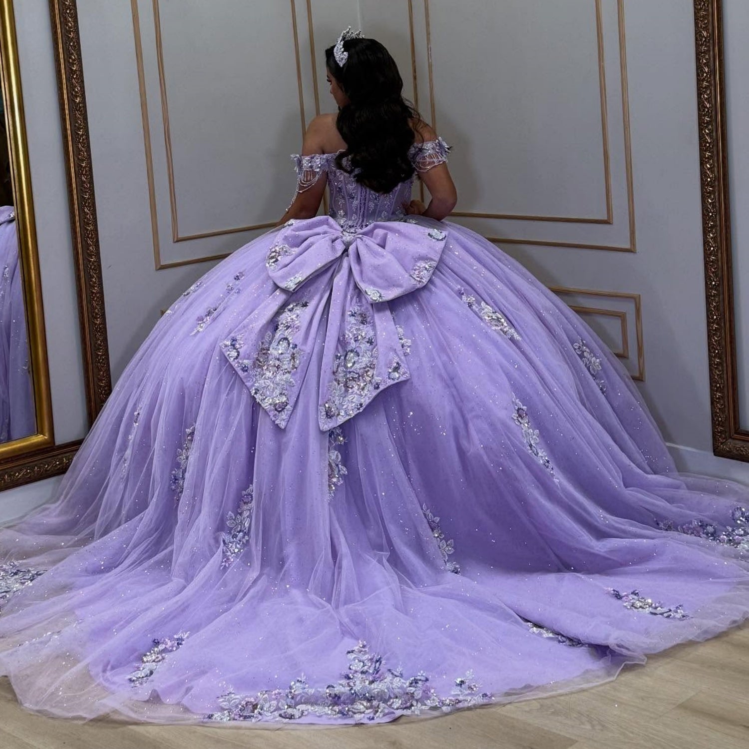Off Shoulder Sleeveless Sequins Beaded Bow Knot Sweet 15 Quinceañera Dress YQ1046