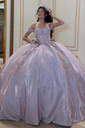 Off Shoulder Sleeveless Beaded Appliques Glitter Ruffles Bow Knot Lilac Quinceañera Dress YQ1047