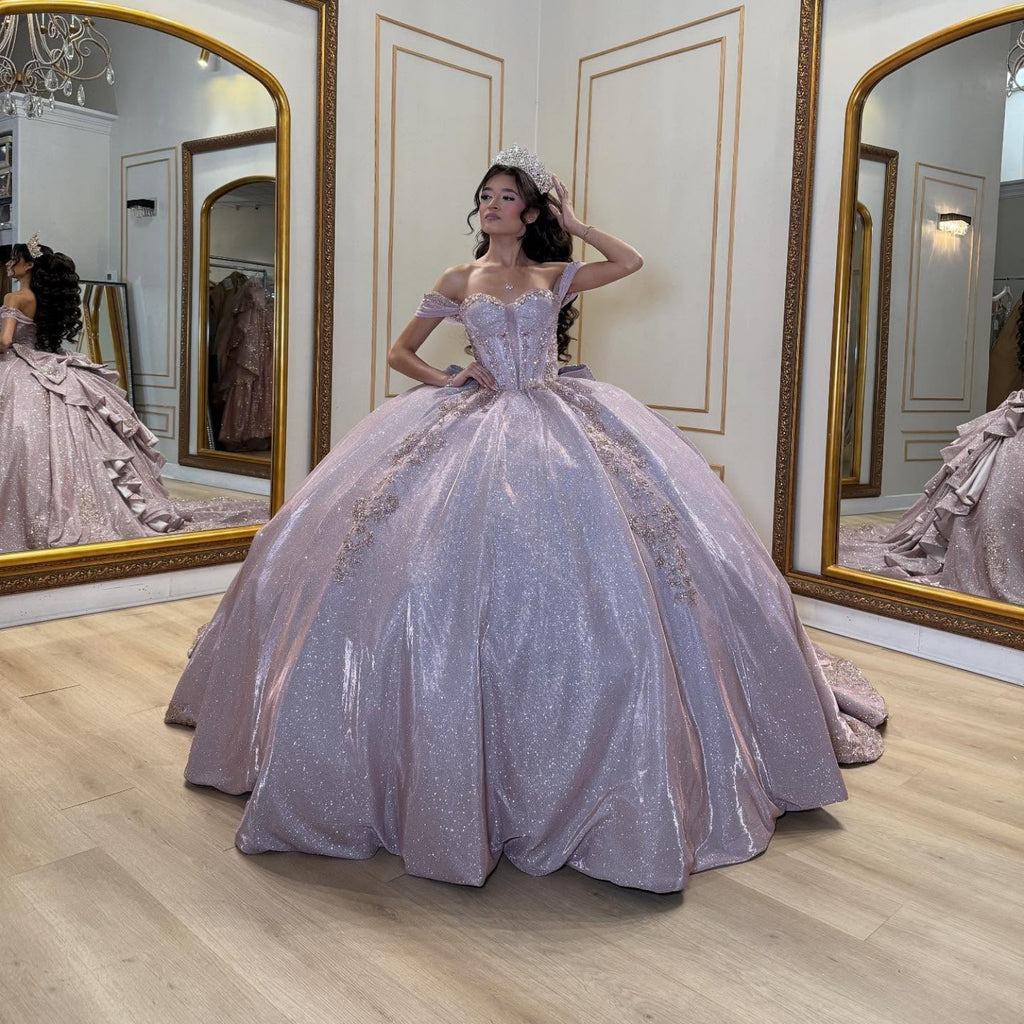 Off Shoulder Sleeveless Beaded Appliques Glitter Ruffles Bow Knot Lilac Quinceañera Dress YQ1047