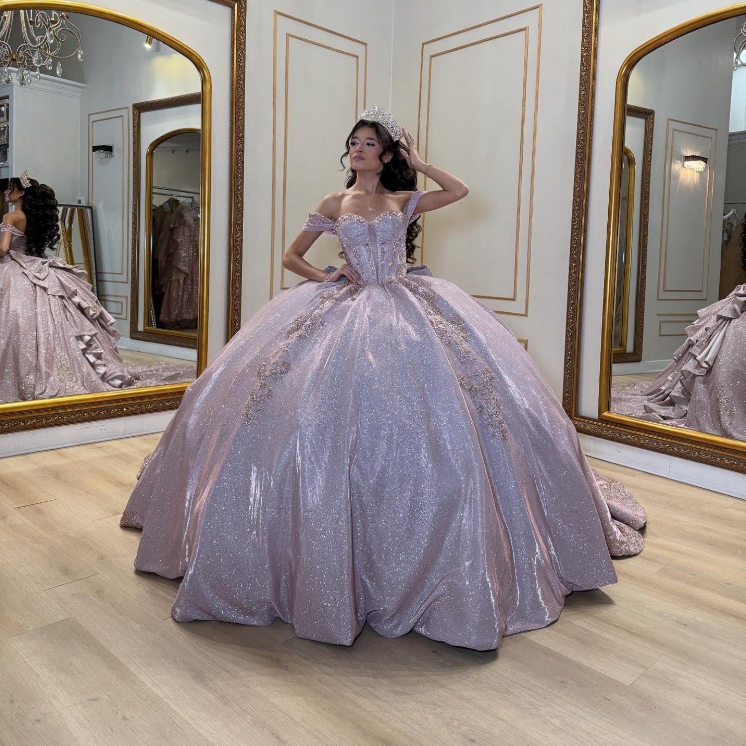 Off Shoulder Sleeveless Beaded Appliques Glitter Ruffles Bow Knot Lilac Quinceañera Dress YQ1047