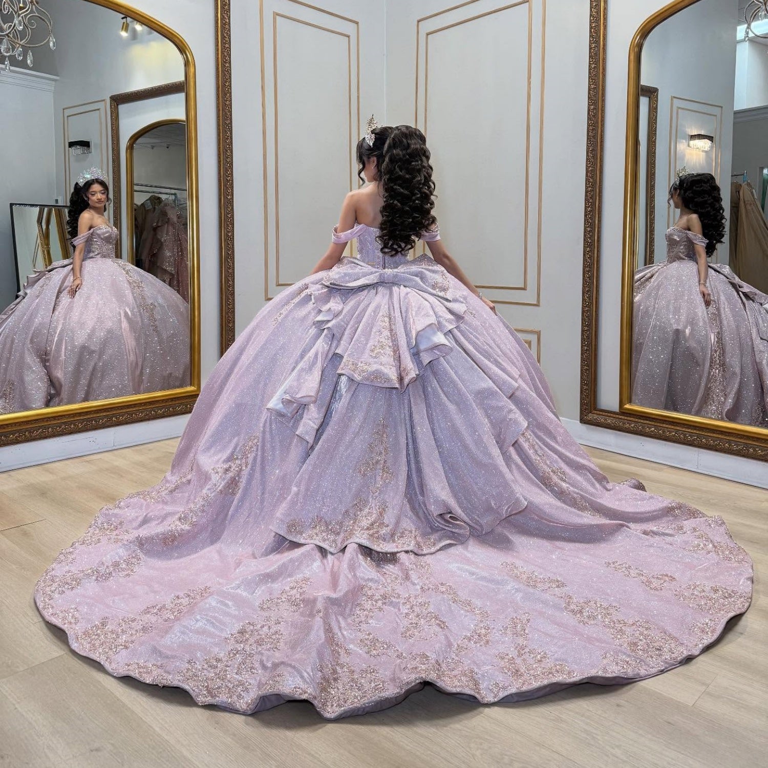 Off Shoulder Sleeveless Beaded Appliques Glitter Ruffles Bow Knot Lilac Quinceañera Dress YQ1047
