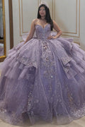 Sweetheart Sleeveless Sequins Appliques Tiered Flowers Lilac Quinceañera Dress YQ1048