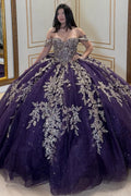 Off Shoulder Sleeveless Gold Seuqins Appliques Bow Knot Purple Quinceañera Dress YQ1050