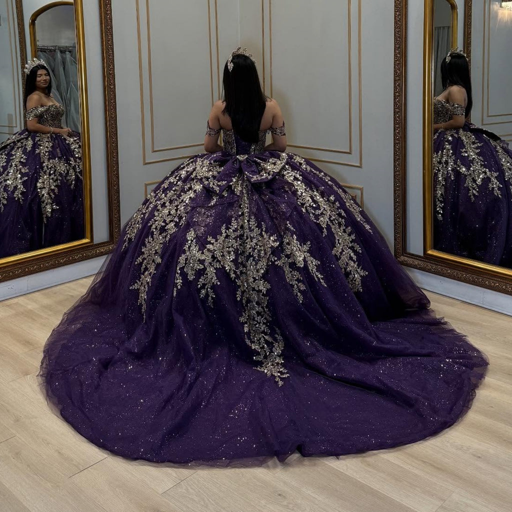 Off Shoulder Sleeveless Gold Seuqins Appliques Bow Knot Purple Quinceañera Dress YQ1050
