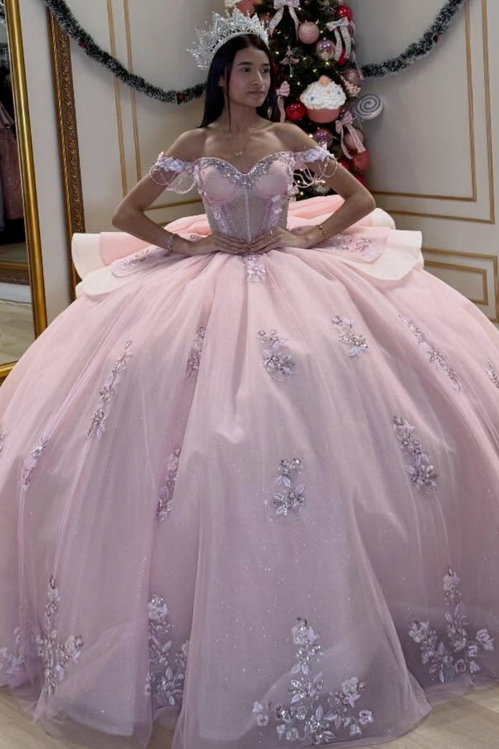 Off Shoulder Sleeveless Beaded Ruffles Sequins Appliques Quinceañera Dress YQ1052