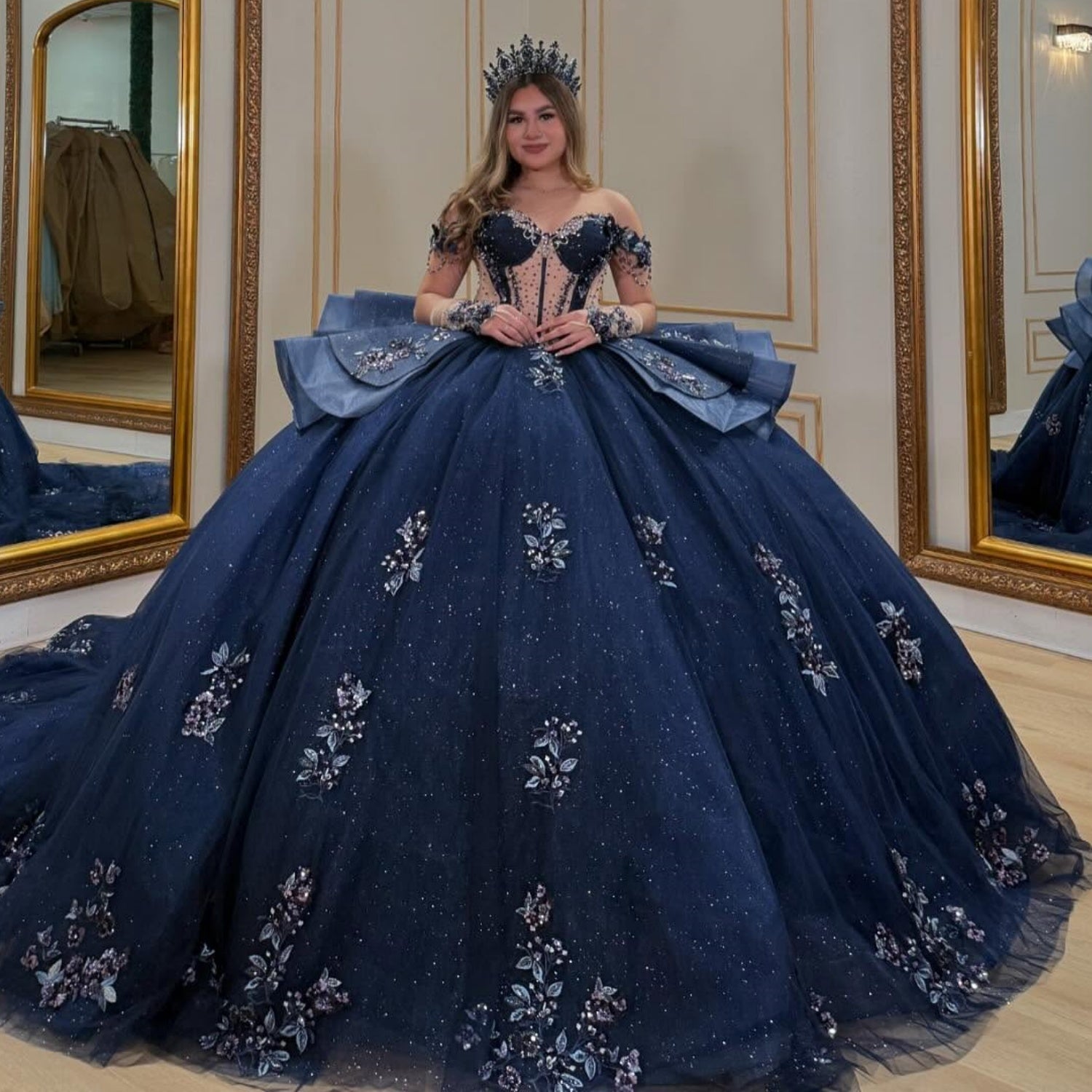 Off Shoulder Sleeveless Beaded Ruffles Sequins Appliques Quinceañera Dress YQ1052