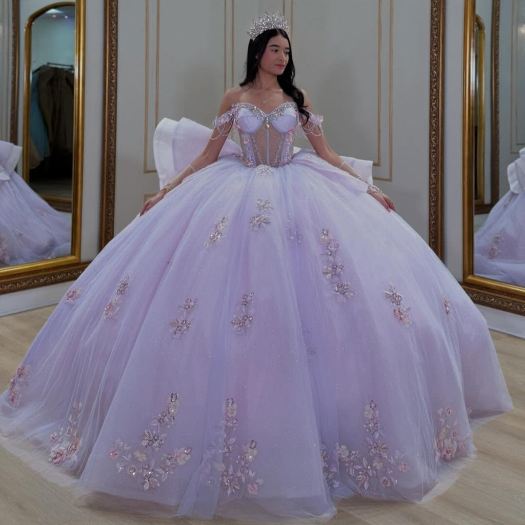 Off Shoulder Sleeveless Beaded Ruffles Sequins Appliques Quinceañera Dress YQ1052