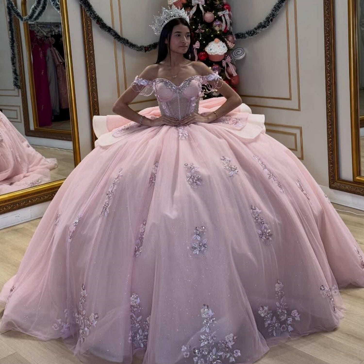 Off Shoulder Sleeveless Beaded Ruffles Sequins Appliques Quinceañera Dress YQ1052
