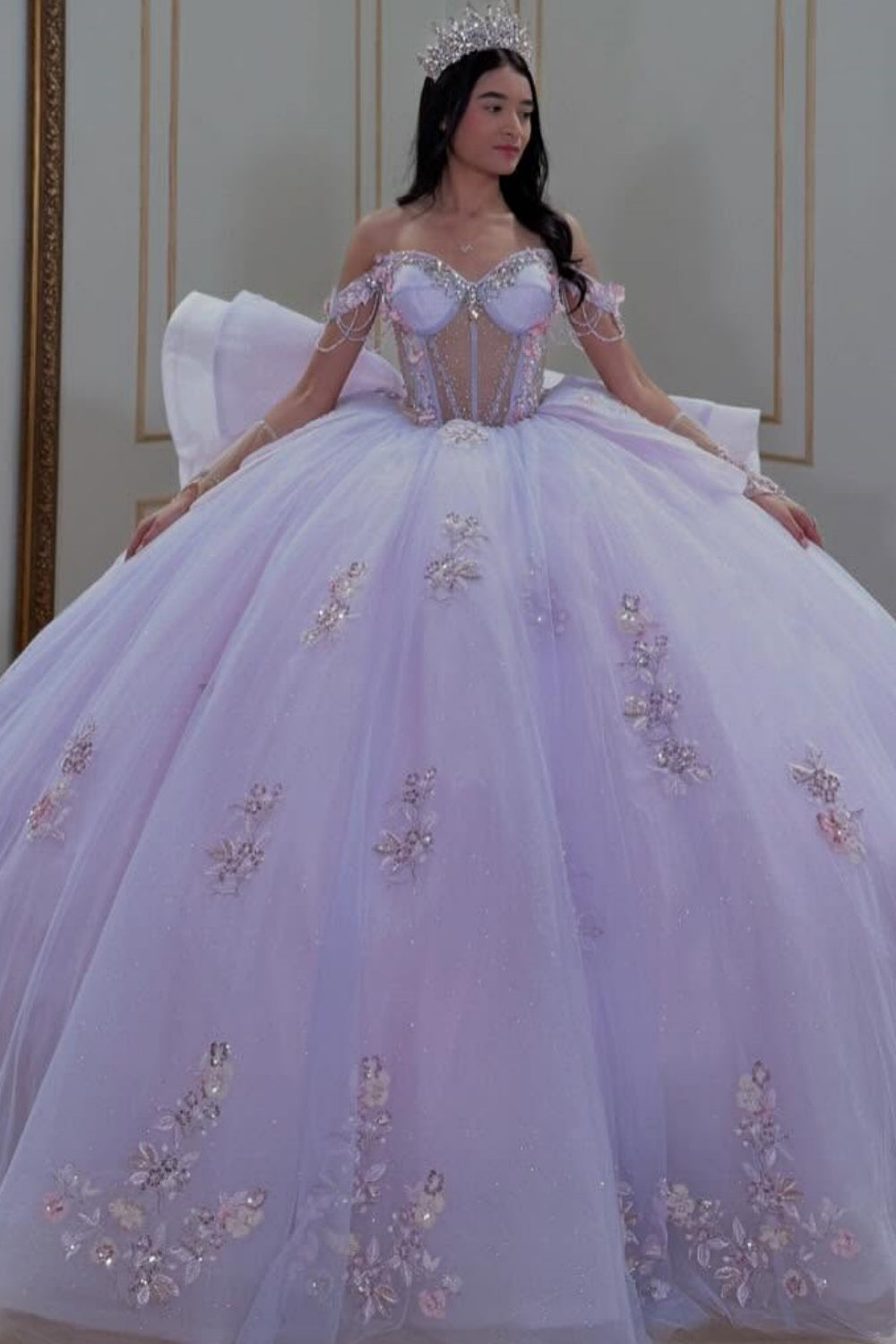 Off Shoulder Sleeveless Beaded Ruffles Sequins Appliques Quinceañera Dress YQ1052