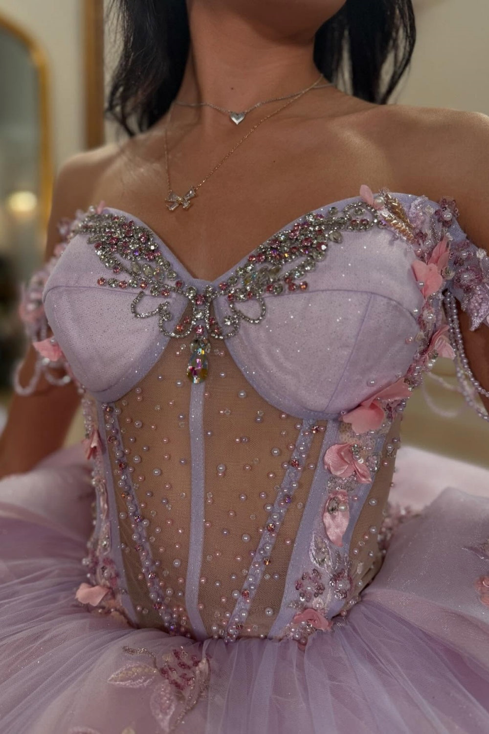 Off Shoulder Sleeveless Beaded Ruffles Sequins Appliques Quinceañera Dress YQ1052