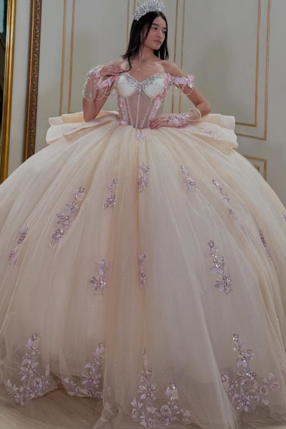 Off Shoulder Sleeveless Beaded Ruffles Sequins Appliques Quinceañera Dress YQ1052