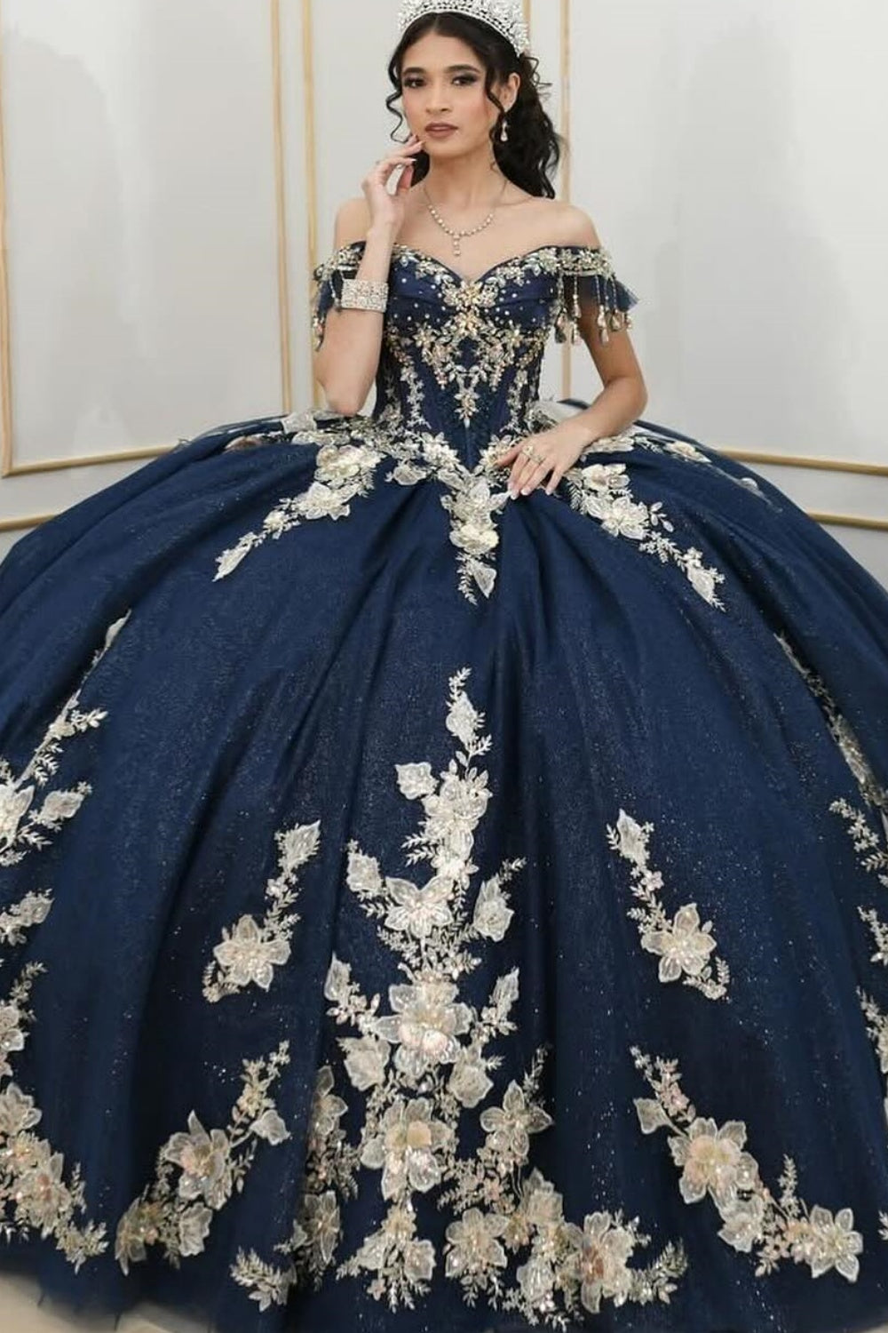 Off Shoulder Sleeveless Beaded Sequins 3D Flower Appliques Quinceañera Dress YQ1053