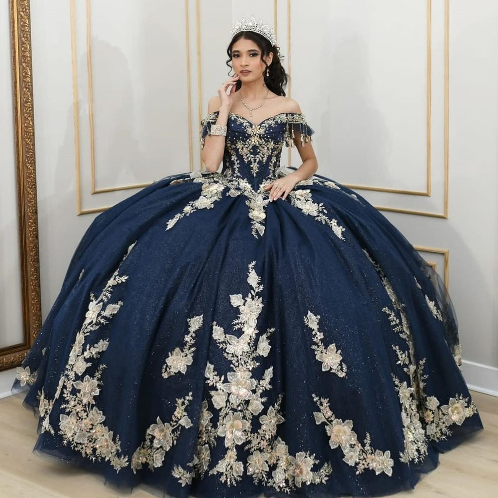 Off Shoulder Sleeveless Beaded Sequins 3D Flower Appliques Quinceañera Dress YQ1053