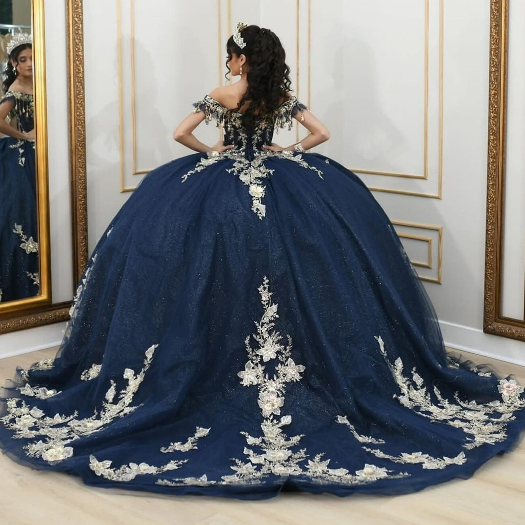 Off Shoulder Sleeveless Beaded Sequins 3D Flower Appliques Quinceañera Dress YQ1053