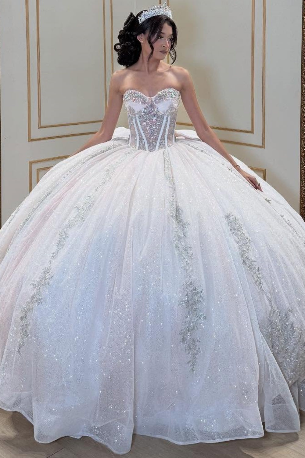 Sweetheart Sleeveless Silver Appliques Bow Knot Dark Navy Quinceañera Dress YQ1054