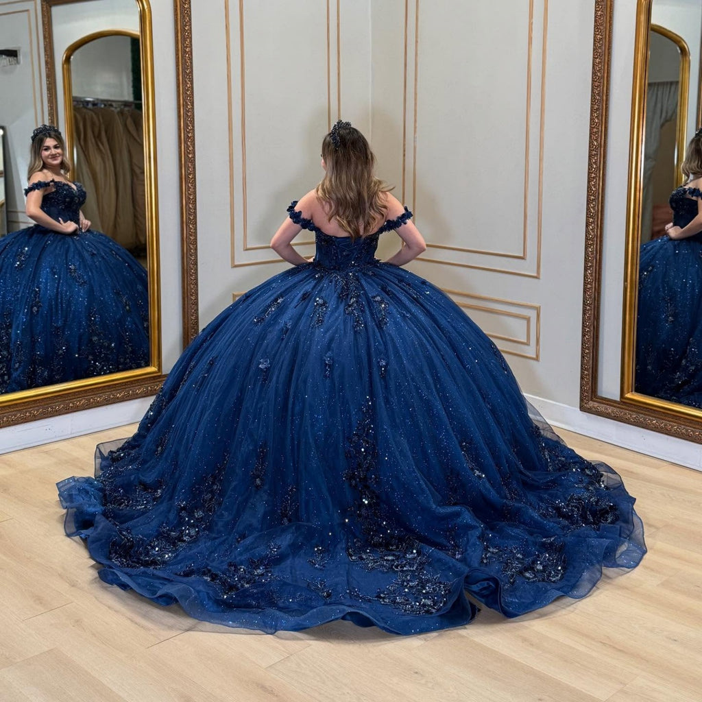 Off Shoulder Sleeveless Beaded Sequins Appliques Glitter Navy Blue Sweet 15 Quinceañera Dress YQ1055