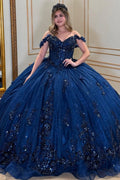 Off Shoulder Sleeveless Beaded Sequins Appliques Glitter Navy Blue Sweet 15 Quinceañera Dress YQ1055