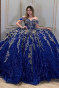 Off Shoulder Sleeveless Beaded Sequins Appliques Royal Blue Glitter Quinceañera Dress YQ1056