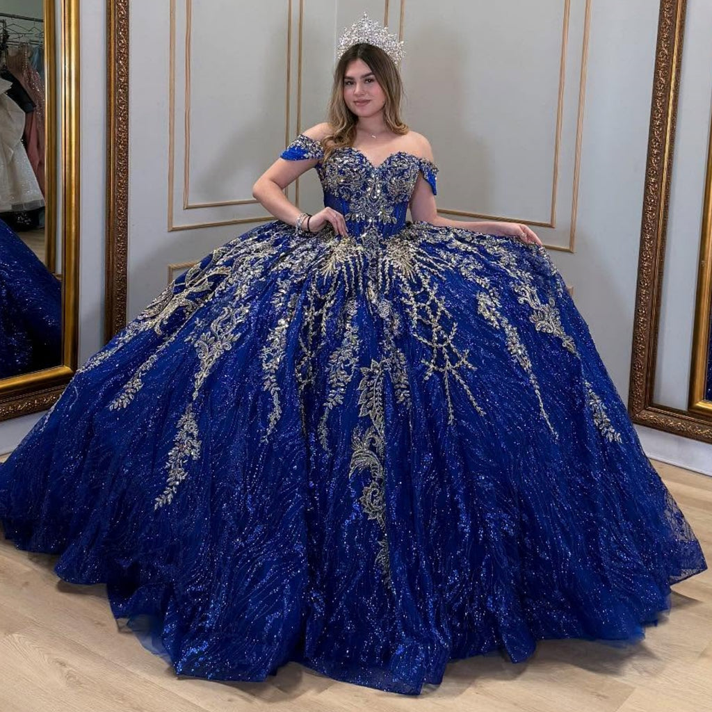 Off Shoulder Sleeveless Beaded Sequins Appliques Royal Blue Glitter Quinceañera Dress YQ1056