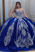 Vestido de Quinceañera Azul Marino con Lentejuelas, Apliques de Cuentas, Brillos y Escote Bardot YQ1055