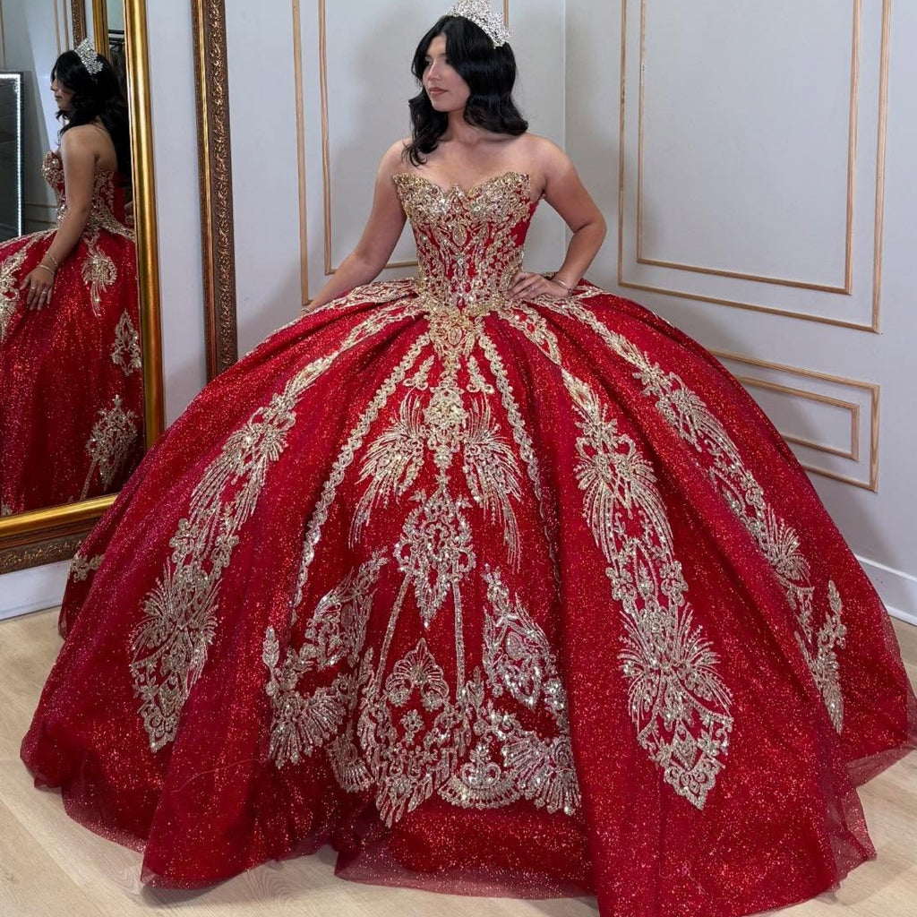 Vestido de Quinceañera Azul Marino con Lentejuelas, Apliques de Cuentas, Brillos y Escote Bardot YQ1055
