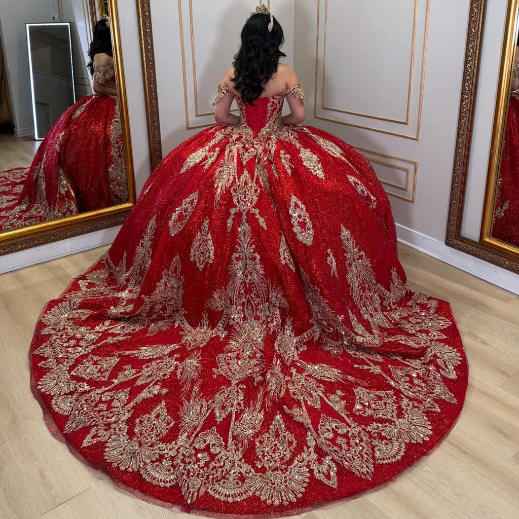 Vestido de Quinceañera Azul Marino con Lentejuelas, Apliques de Cuentas, Brillos y Escote Bardot YQ1055