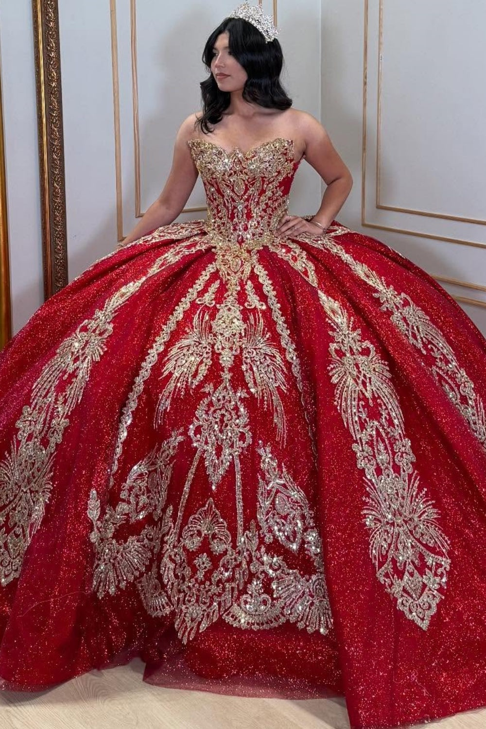Vestido de Quinceañera Azul Marino con Lentejuelas, Apliques de Cuentas, Brillos y Escote Bardot YQ1055