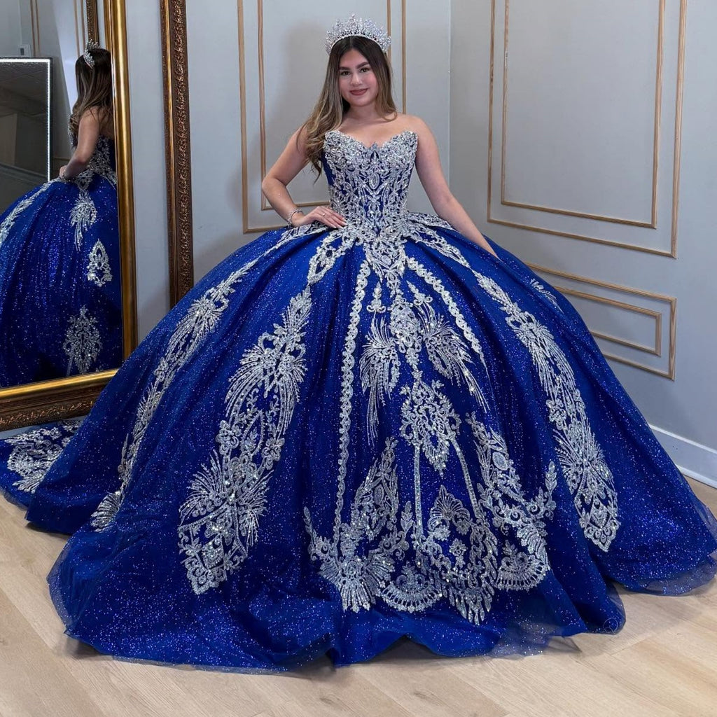 Vestido de Quinceañera Azul Marino con Lentejuelas, Apliques de Cuentas, Brillos y Escote Bardot YQ1055