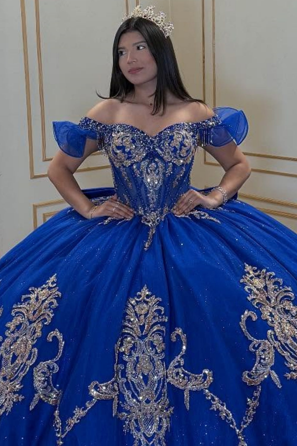 Off Shoulder Sleeveless Sequins Appliques Bow Knot Royal Blue Quinceañera Dress YQ1058