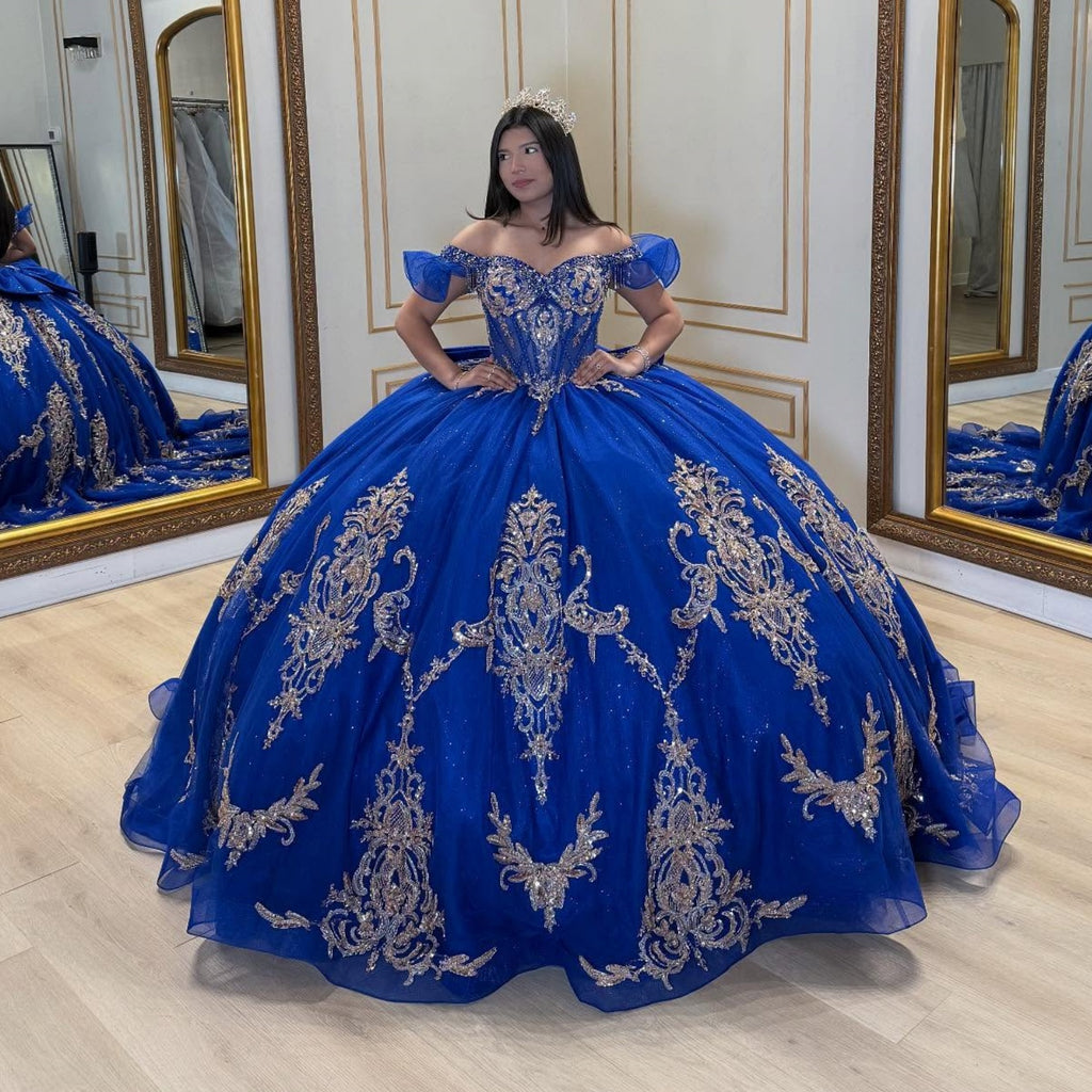 Off Shoulder Sleeveless Sequins Appliques Bow Knot Royal Blue Quinceañera Dress YQ1058