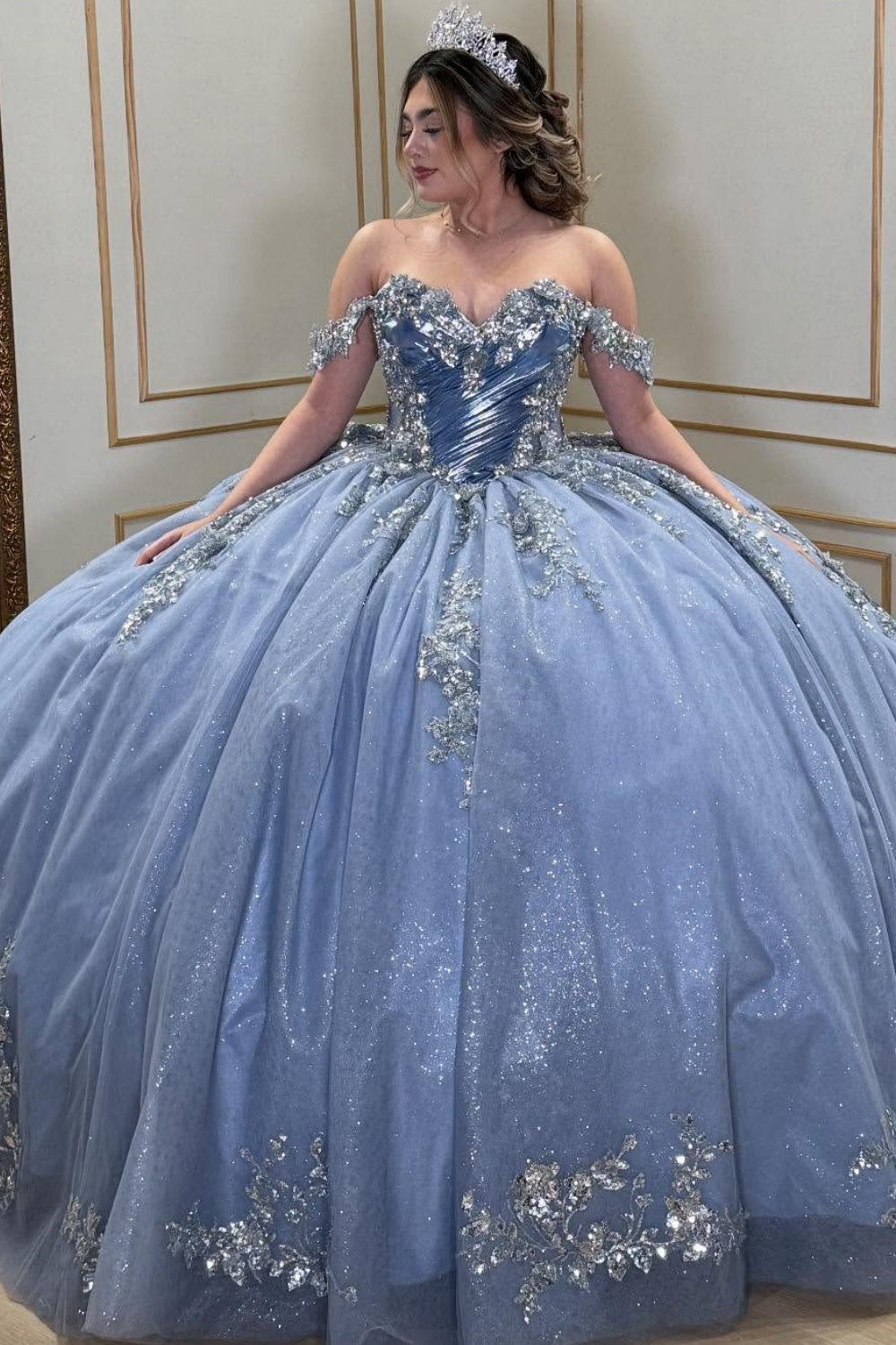 Off Shoulder Sleeveless Sequins Appliques Bow Knot Quinceañera Dress YQ1059