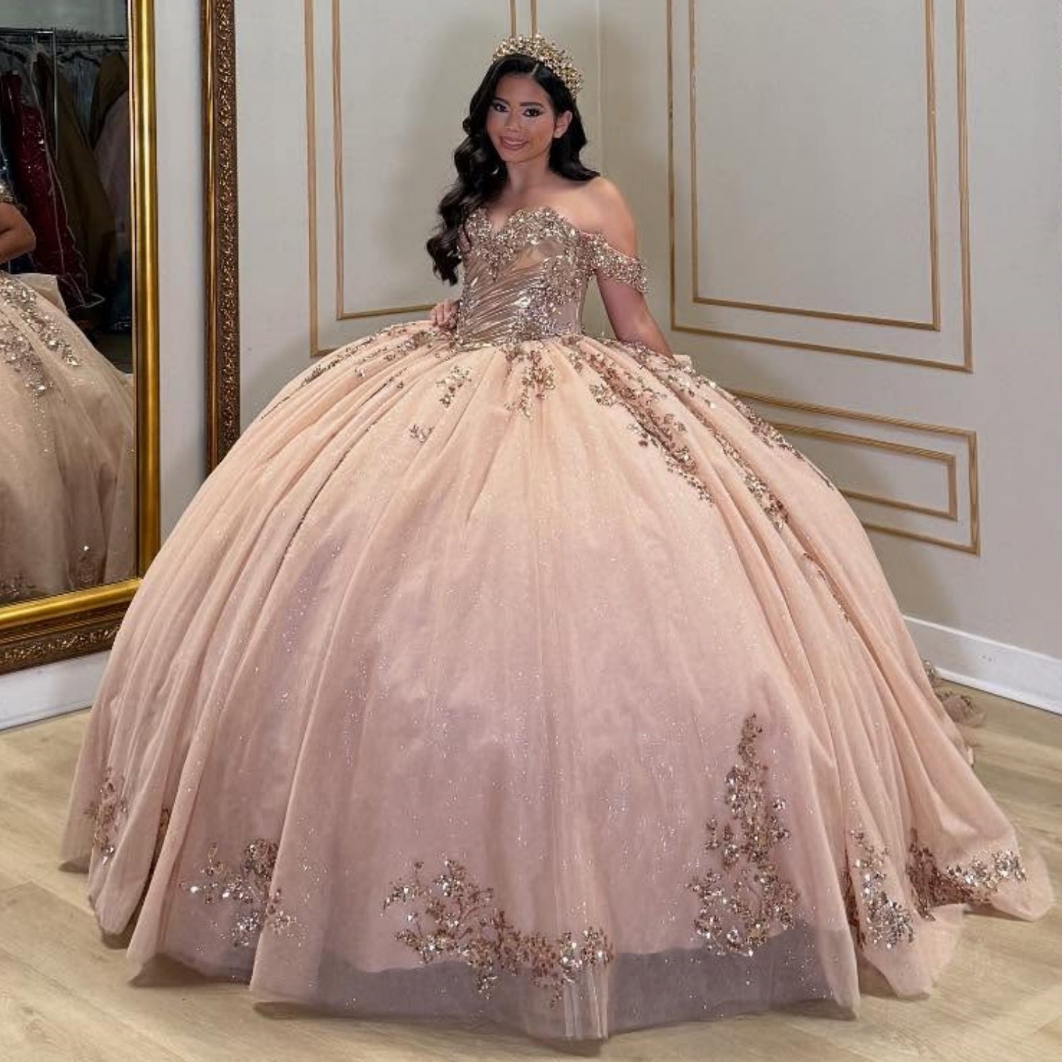 Off Shoulder Sleeveless Sequins Appliques Bow Knot Quinceañera Dress YQ1059