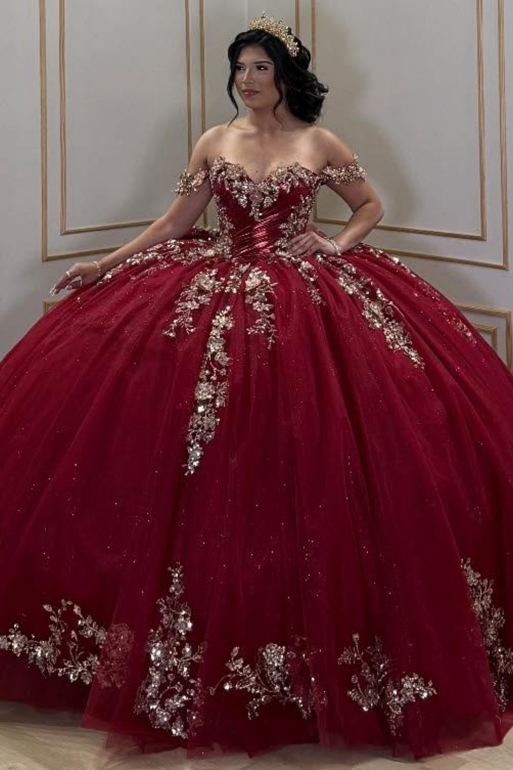 Vestido de Quinceañera Azul Marino con Lentejuelas, Apliques de Cuentas, Brillos y Escote Bardot YQ1055