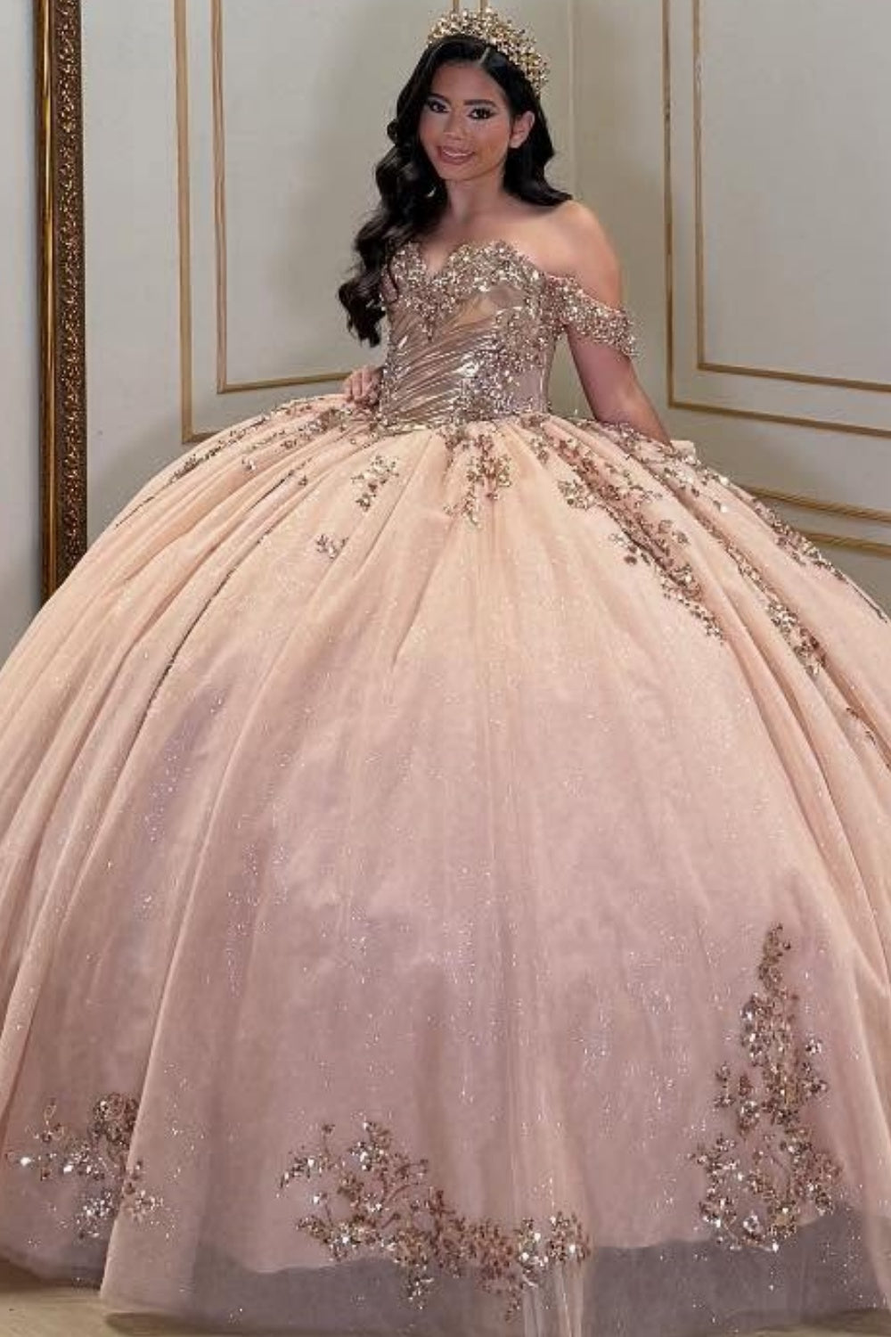 Vestido de Quinceañera Azul Marino con Lentejuelas, Apliques de Cuentas, Brillos y Escote Bardot YQ1055