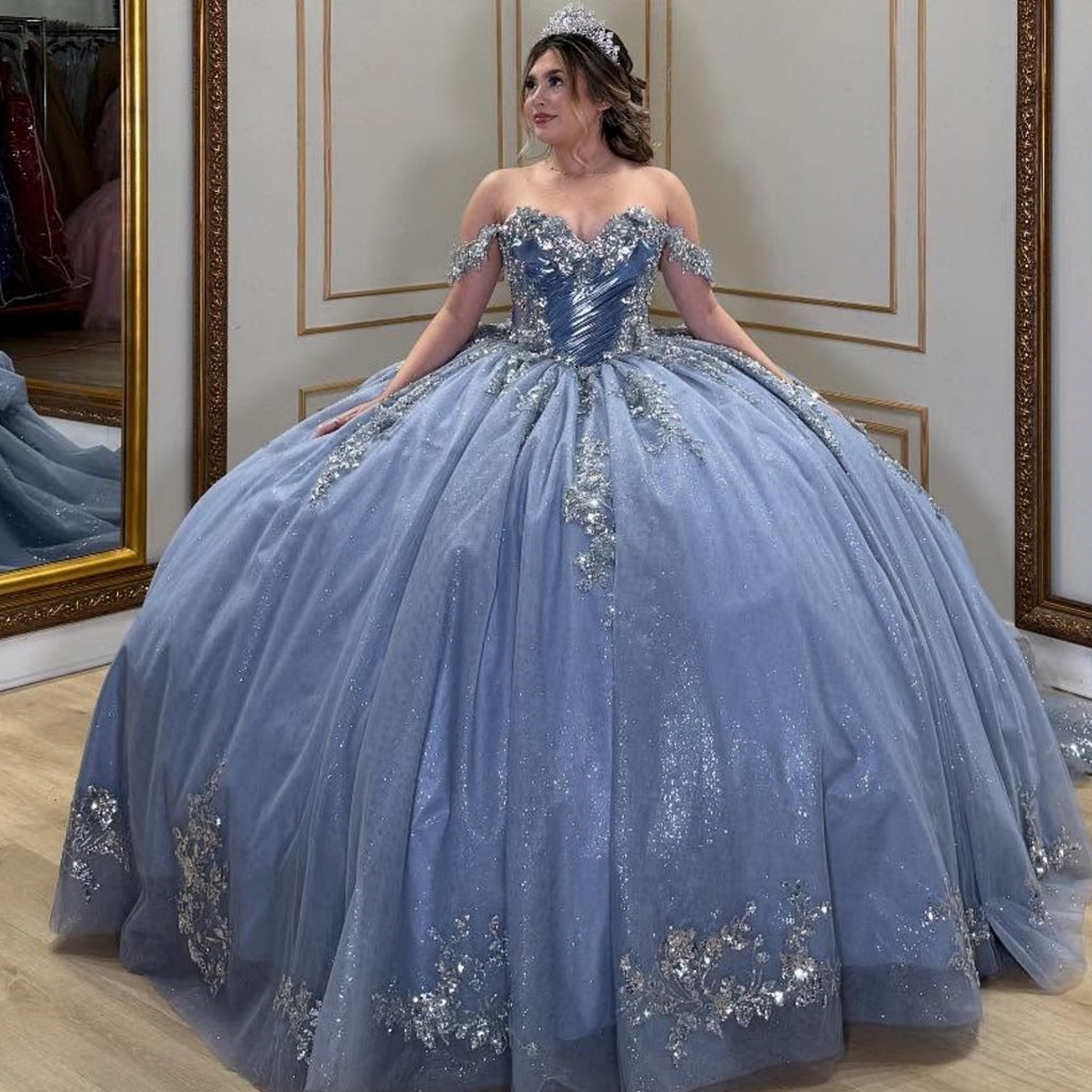 Off Shoulder Sleeveless Sequins Appliques Bow Knot Quinceañera Dress YQ1059