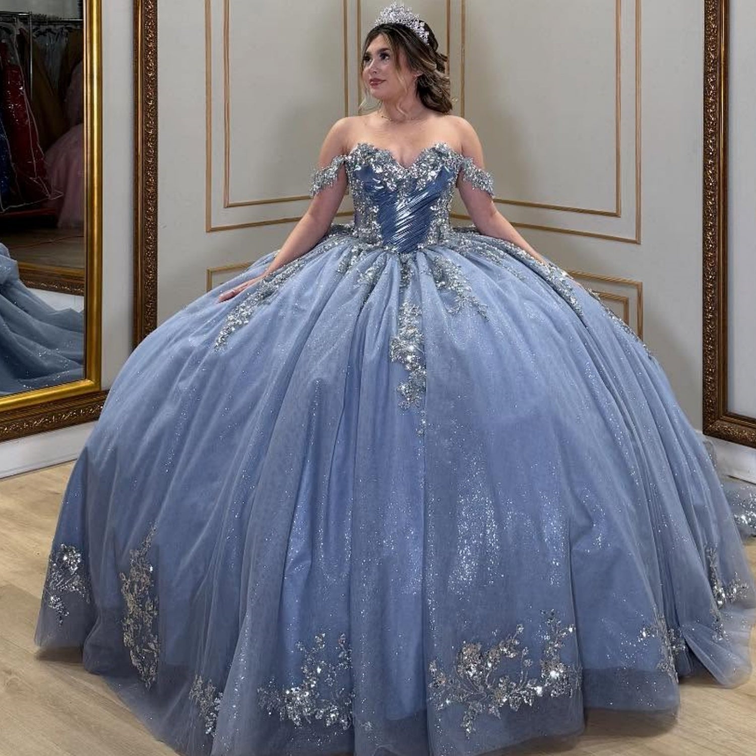 Off Shoulder Sleeveless Sequins Appliques Bow Knot Quinceañera Dress YQ1059