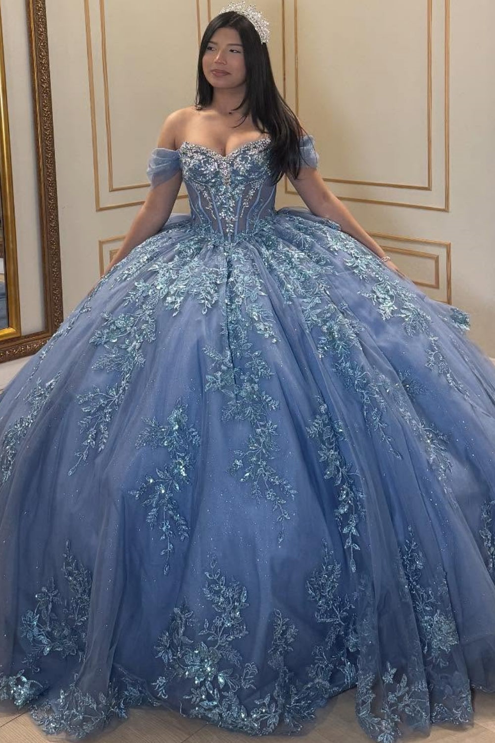 Off Shoulder Sleeveless Sequins AAppliques Tiered Blue Quinceañera Dress YQ1060
