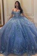 Off Shoulder Sleeveless Sequins AAppliques Tiered Blue Quinceañera Dress YQ1060