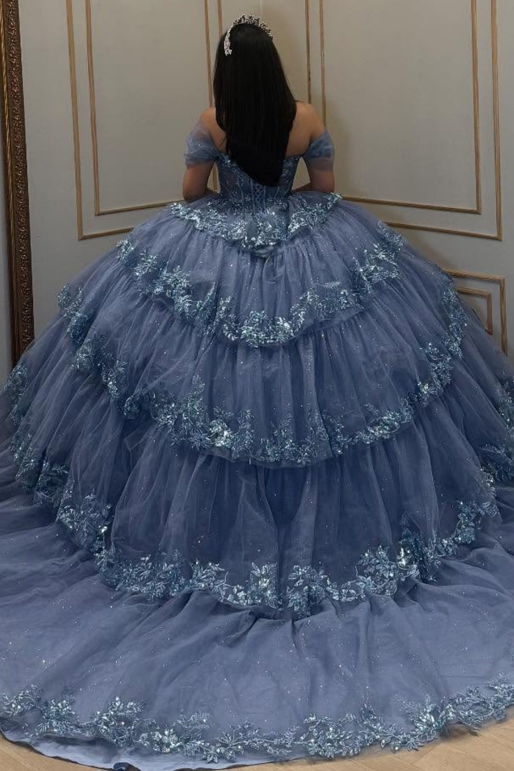 Off Shoulder Sleeveless Sequins AAppliques Tiered Blue Quinceañera Dress YQ1060
