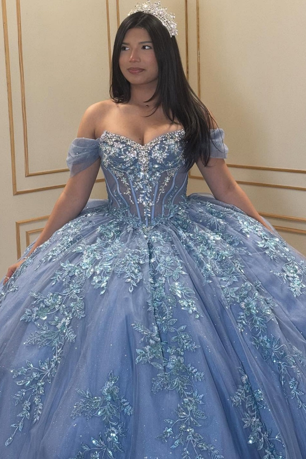 Off Shoulder Sleeveless Sequins AAppliques Tiered Blue Quinceañera Dress YQ1060