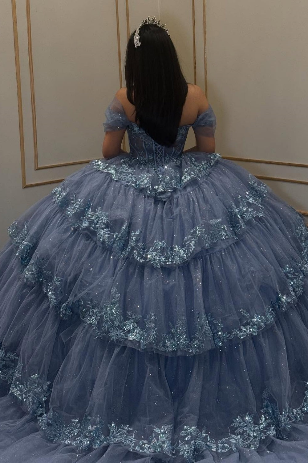 Off Shoulder Sleeveless Sequins AAppliques Tiered Blue Quinceañera Dress YQ1060