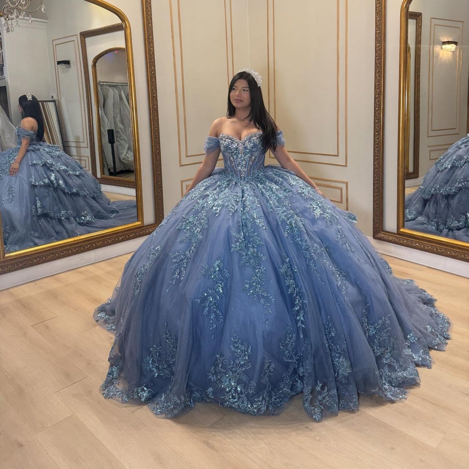 Off Shoulder Sleeveless Sequins AAppliques Tiered Blue Quinceañera Dress YQ1060